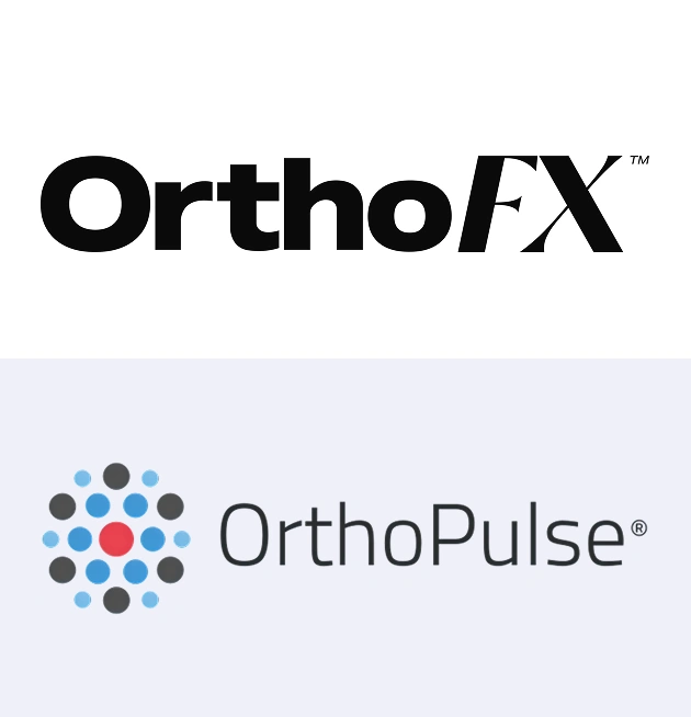 OrthoFX and OrthoPulse logos representing orthodontic treatment technology and services.