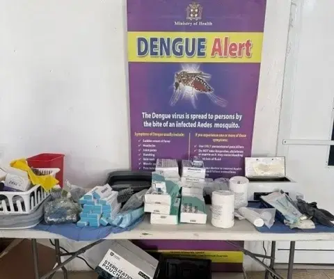 Dengue Alert educational poster with medical supplies and prevention materials displayed on table.
